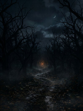 Dark atmospheric path through a barren forest at night with a distant glowing