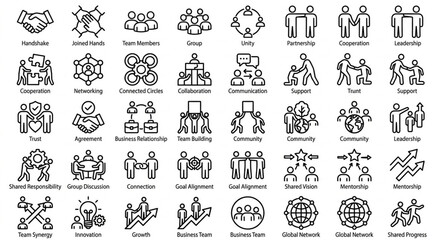 Teamwork and Collaboration Outline Icon Set with Partnership Cooperation Unity and Business Connection Vector © Foysal