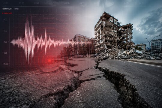 Realistic earthquake aftermath with damaged buildings, cracked roads, rubble, and a digital seismic waveform overlay.