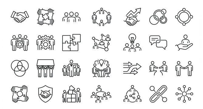 Teamwork and Collaboration Outline Icon Set with Partnership Cooperation Unity and Business Connection Vector