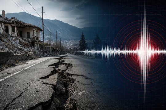 Realistic earthquake aftermath with damaged buildings, cracked roads, rubble, and a digital seismic waveform overlay.