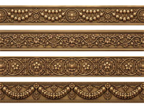 Traditional carved architectural borders with beaded trim, circular medallions, floral scrollwork, geometric patterns, and scalloped ornament