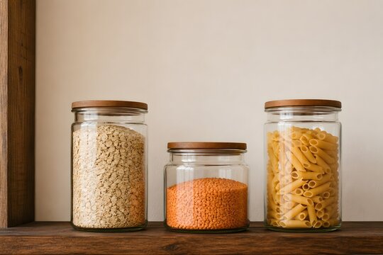 Glass pantry jars with dry foods on a dark wooden kitchen shelf