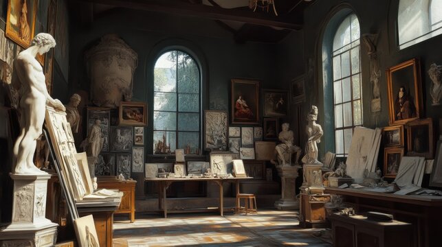Sunlit sculpture studio with classical statues and artworks in disarray