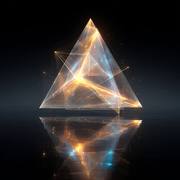 Glowing transparent pyramid with interconnected lines and points 3D rendered