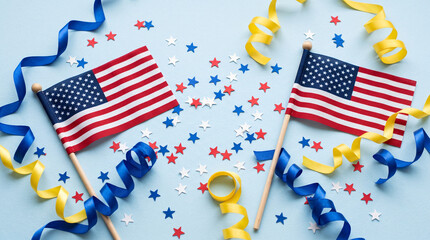 Obraz premium Small American flags with ribbons and star confetti on blue background.