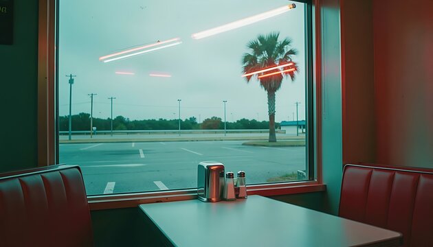 Cinematic retro diner booth interior with a view of an empty parking lot, palm tree, and neon light reflections on the window