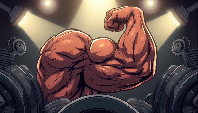Powerful muscular arm flexing bicep under spotlights in bodybuilding gym illustration