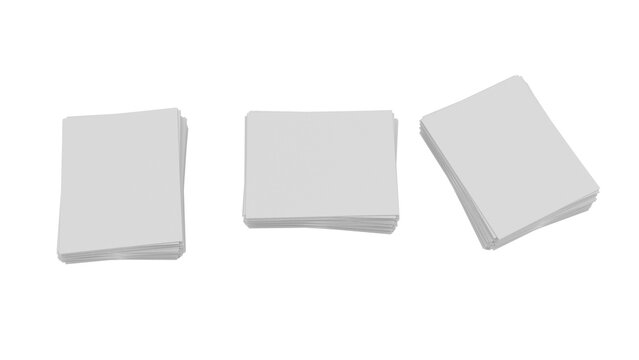 Three stacks of blank white rectangular cards isolated on a transparent, png , background