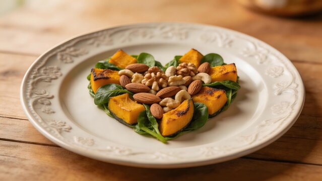 Heartshaped salad with roasted pumpkin and nuts