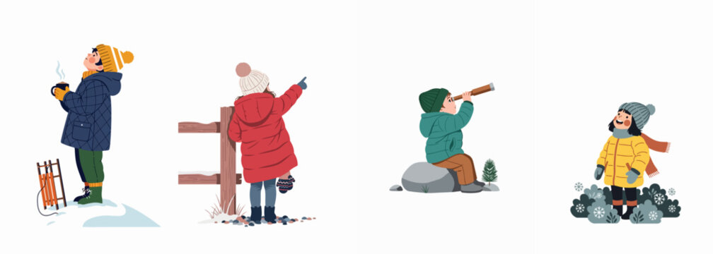 Set of four cute children in colorful winter clothing enjoying outdoor winter activities like sledding, exploring, and playing in the snow.