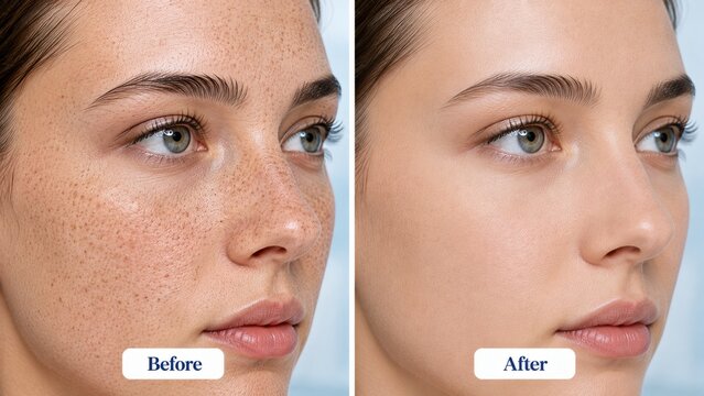 Woman facial skin freckles removal before after comparison view professional skincare dermatology clinic.