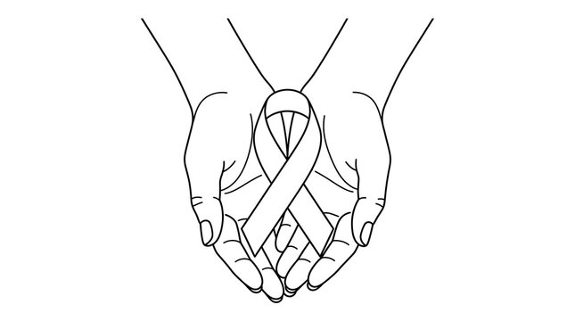Awareness ribbon protected by cupped hands line art