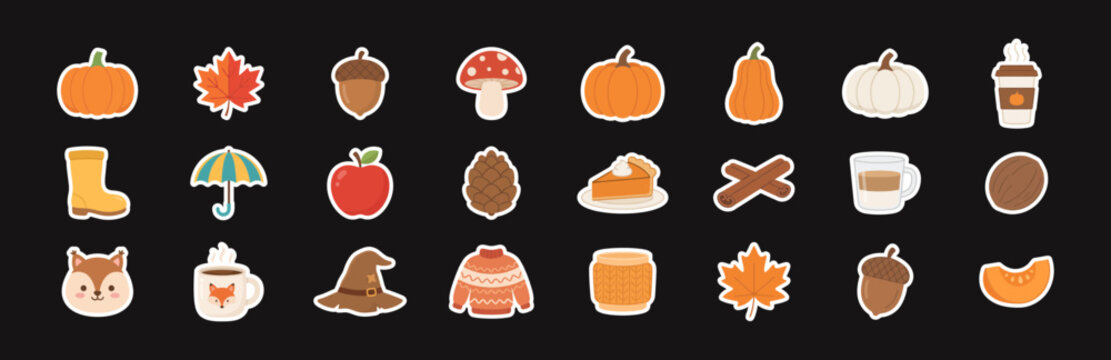 Autumn harvest sticker collection with pumpkins and seasonal icons stickers seasonal mushroom thanksgiving collection elements halloween decoration illustration november