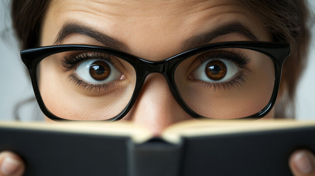 This close-up shot captures a person wearing black-rimmed glasses, holding a black book in front of their lower face, with wide open eyes showing a surprised, curious expression.


