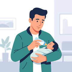 Fototapeta premium Father feeding baby with milk bottle, modern flat illustration representing family bonding and childcare, vector art