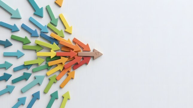 Top view of multiple colorful 3D arrows in shades of blue green yellow orange and red converging towards a central beige arrow marked with number 57 on a white surface background.