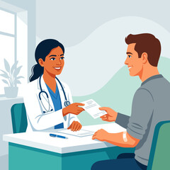 Fototapeta premium Female Doctor Hands Prescription to Smiling Male Patient in Consultation Room