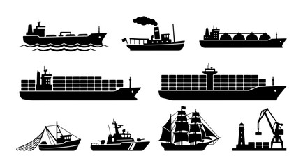 Fototapeta premium Set of 9 Nautical Vessels, Cargo Ships, Sailboat, Lighthouse, Crane, Vector Icons