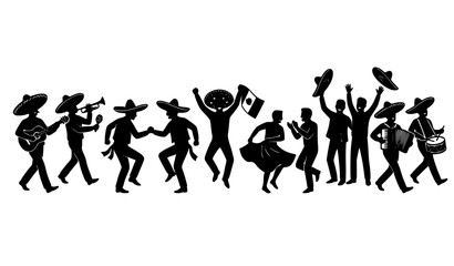 Obraz premium Mexican fiesta silhouettes with sombrero dancing and music Cinco de Mayo vector collection
