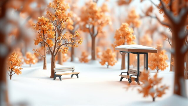 Stylized winter scene. Orange trees stand amid snow. Benches, shelter offer quiet respite. Soft focus creates dreamlike quality.