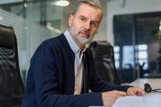 Portrait of adult businessman sitting at his desk in the office and making notes.