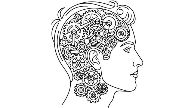 Human head profile with mechanical gears line art