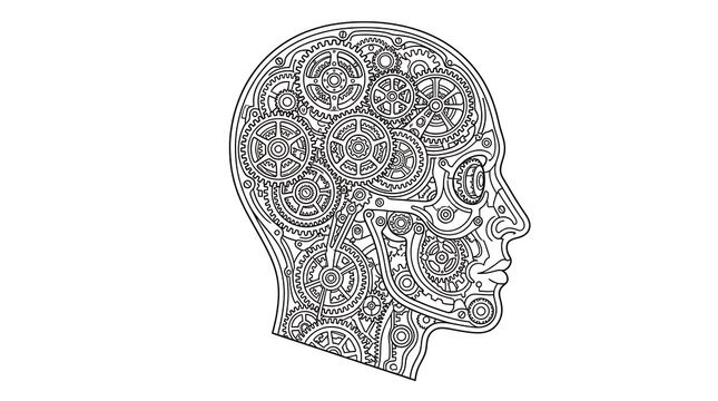 Detailed mechanical head with gears and cogs line art