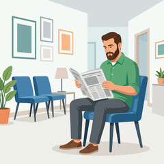 Fototapeta premium Man Reading Newspaper in Waiting Room