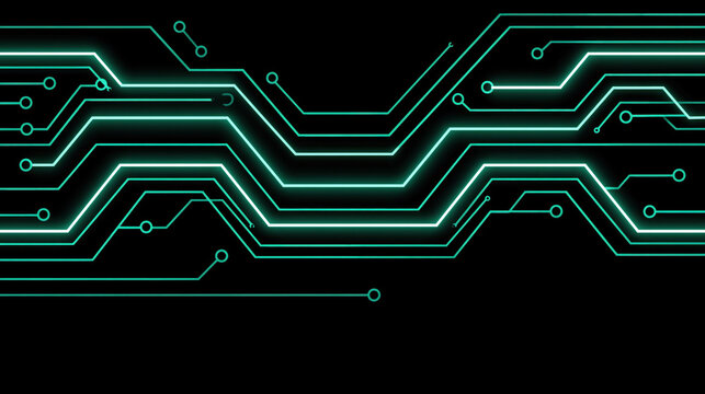 Teal circuit line on black background, abstract digital pattern, futuristic technology design, glowing line art, electronic board, minimal backdrop