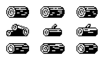 Obraz premium Isolated collection of wood log icons in pixel art style for forestry and building material visualization.