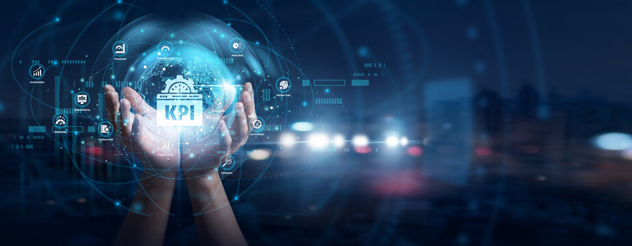 Data analyst hands hold global performance. KPIs network tracks business growth goals, employee productivity metrics, sales targets, and team success. Clear analytic scorecards direct company.