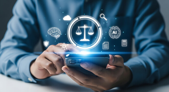 AI legal technology concept with person using smartphone and digital icons