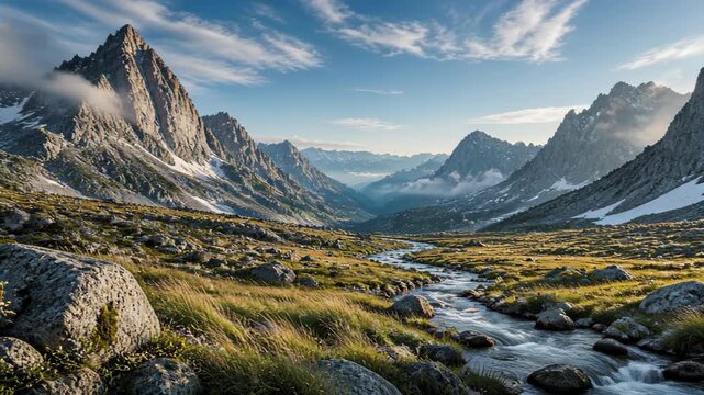 Mountain landscape with rocky peaks, snow patches, and a flowing stream