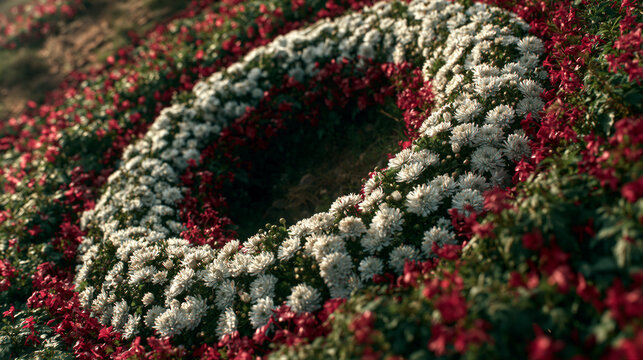 Aerial close-up of a white chrysanthemum memorial wreath bed framed by greenery and red blooms under warm golden hour light, featuring left negative space ideal for patriotic editorial layouts.