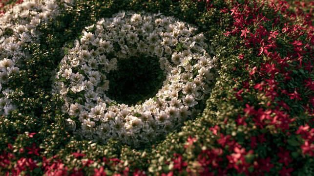 Aerial close-up of a white chrysanthemum memorial wreath bed framed by greenery and red blooms under warm golden hour light, featuring left negative space ideal for patriotic editorial layouts.
