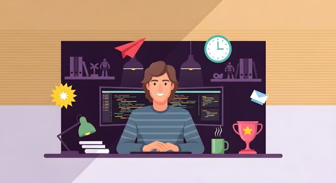 Cartoon depiction of a programmer celebrating successful coding with achievement icons and development tools.