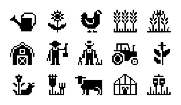 Agriculture pixel icon set showcases farming tools barn tractor livestock greenhouse and garden equipment.