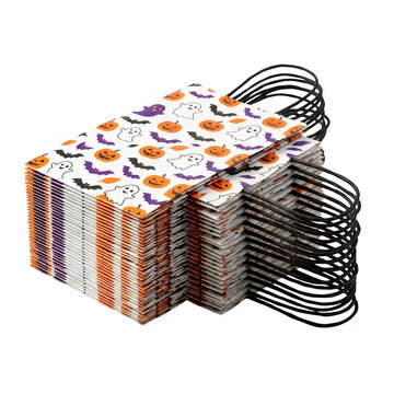 Halloween paper gift bags with handles, spooky party favor bags stack, trick or treat goody bags with pumpkin and ghost pattern isolated on White Background