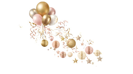 Fototapeta premium Festive gold and pink balloons with confetti isolated on a clean transparent background design