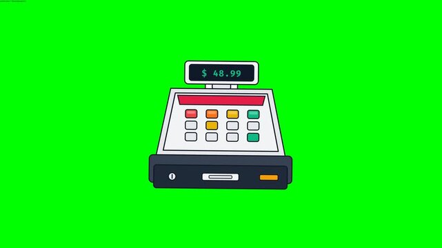 Flat style animated cash register displaying price amount during a retail sale transaction isolated on a green screen background