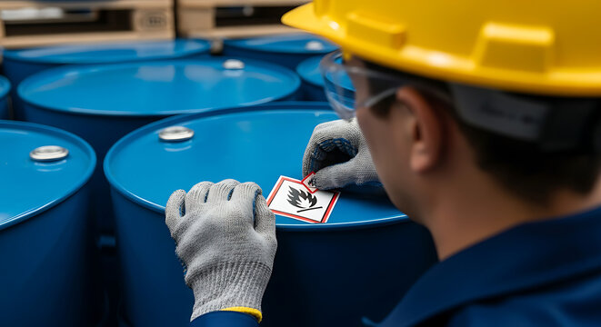 Worker Applying Flammable Hazard Symbol to Blue Industrial Barrels