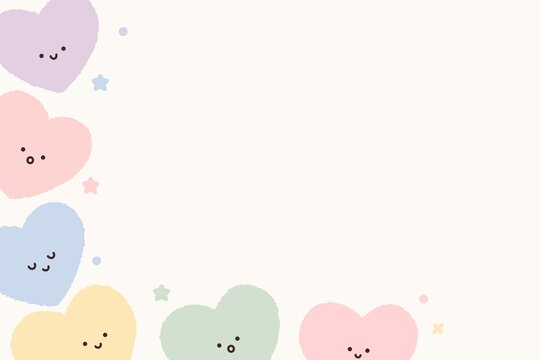 Cute pastel heart characters border background template with face expressions