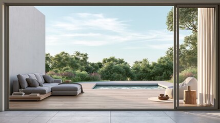 Obraz premium A modern outdoor living space with a pool and comfortable seating area overlooking nature