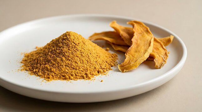A pile of raw turmeric powder and sliced ginger root pieces placed on a clean ceramic plate for cooking. mango powder