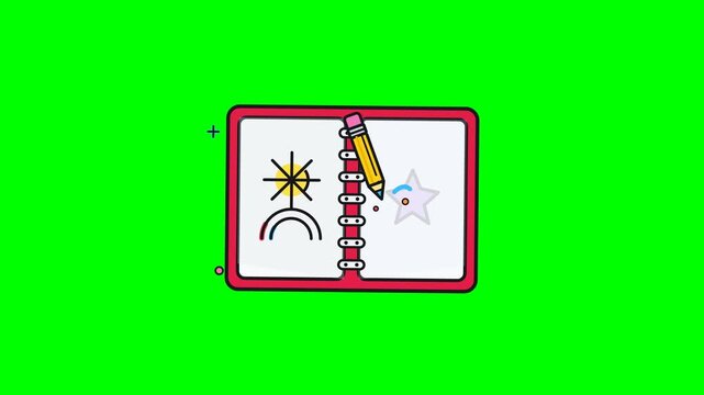 Animated yellow pencil drawing and coloring a purple star inside a notebook with rainbow icons over a green screen background for creative education