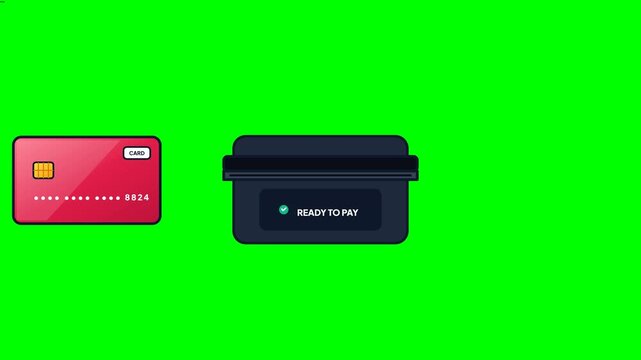 Red plastic credit card swiping horizontally through an electronic terminal reader on green screen background for digital payment concept animation