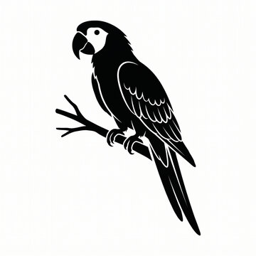 Parrot Sitting on Branch Silhouette Isolated on White Background