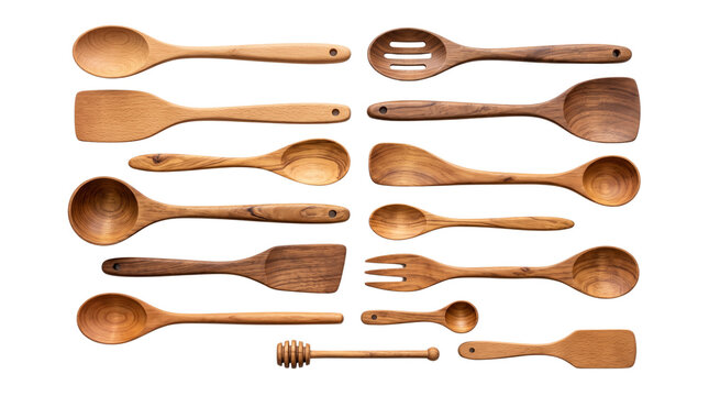 Wooden kitchen utensils cooking tools set spoons spatulas whisks.