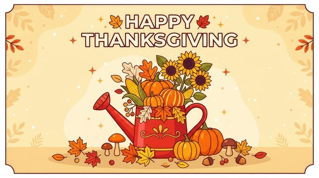 A festive thanksgiving greeting card featuring a decorative watering can filled with autumn flowers and pumpkins